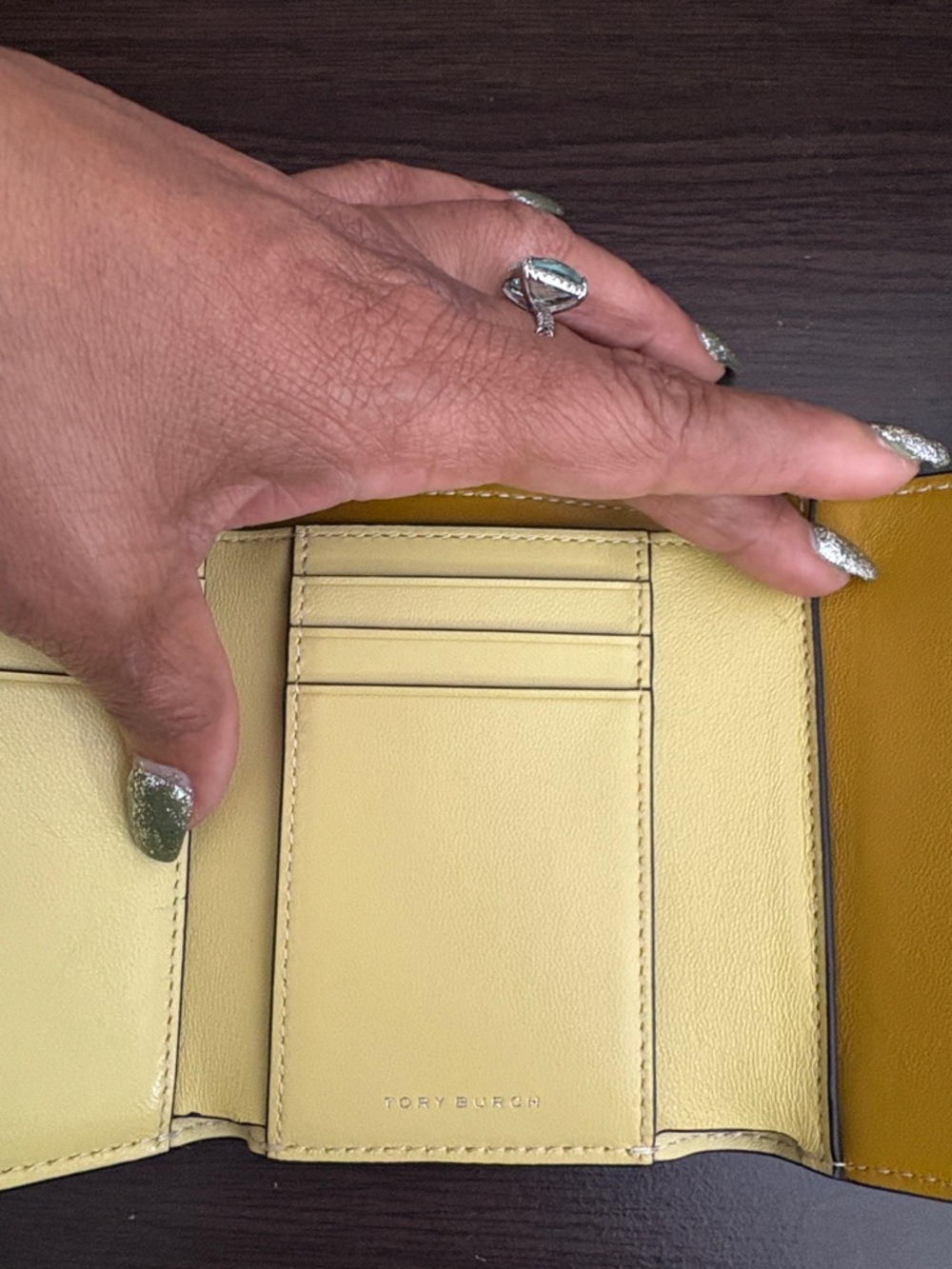 EUC Tory Burch Blue Leather Bifold Wallet with Tan, orange, yellow accents. - Picture 7 of 7